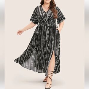 Bloomchic Solid Geometric Dolman Sleeve Pocket Shirred Split Hem Dress